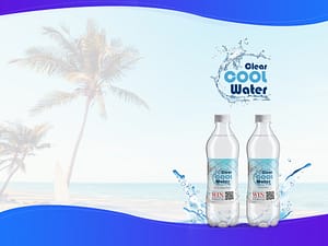 tropical water scene with logo and water bottles