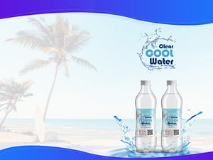 tropical water scene with logo and water bottles